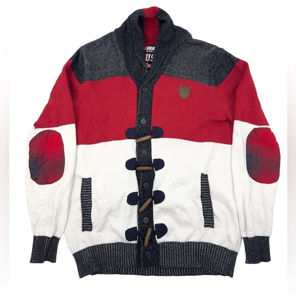 Born Fly Cardigan Sweater Mens XL Anywhere USA Elbow Patch Shawl Collar Preppy